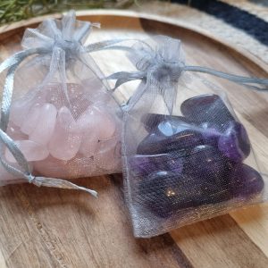 Set van rozenkwarts en amethist trommelsteentjes